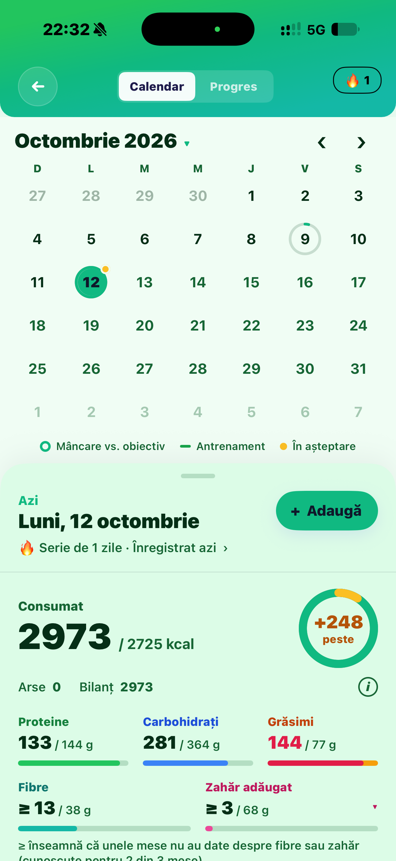 Robycal calendar in the mint theme with daily calorie and nutrient totals