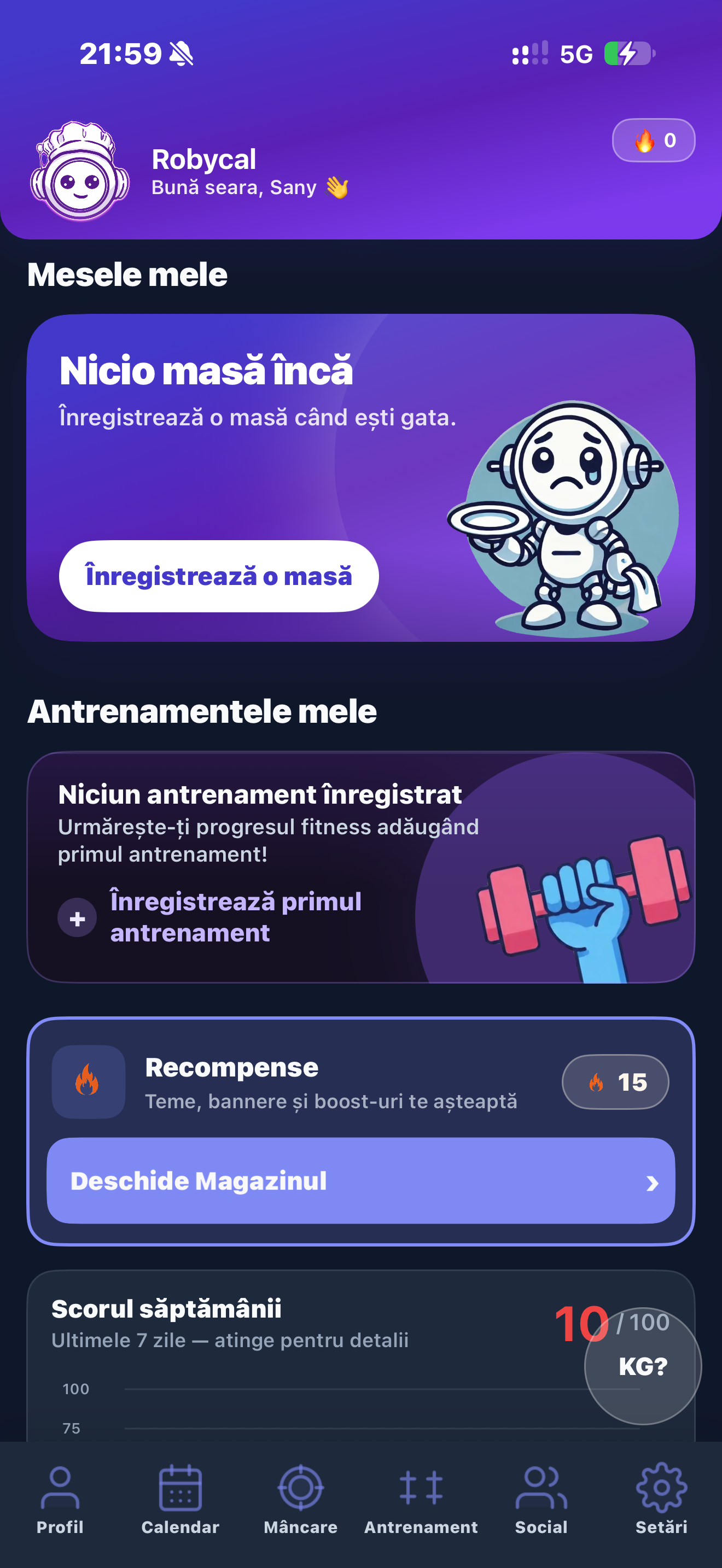 Robycal home screen showing meal logging, workouts, and rewards