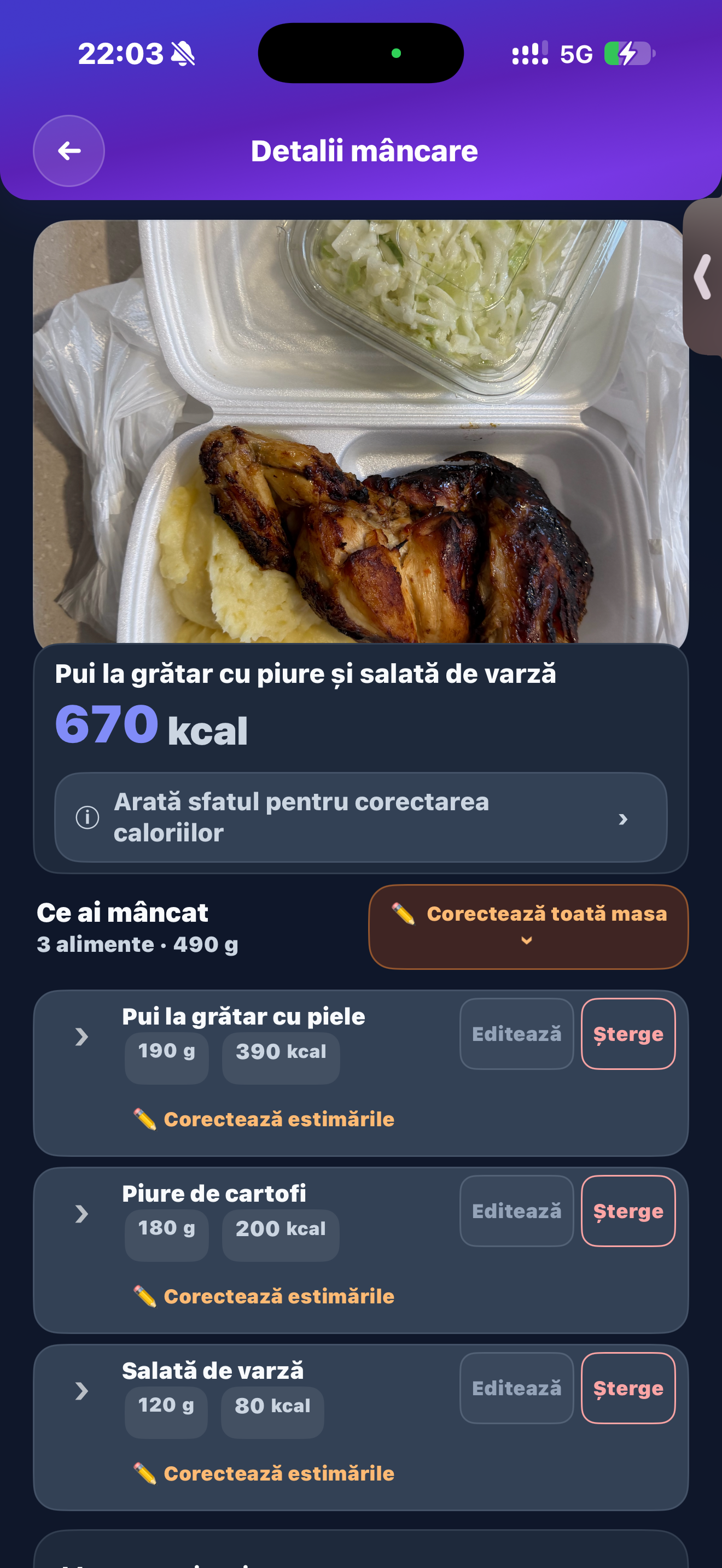Robycal chicken meal breakdown showing ingredients, portions, and calories