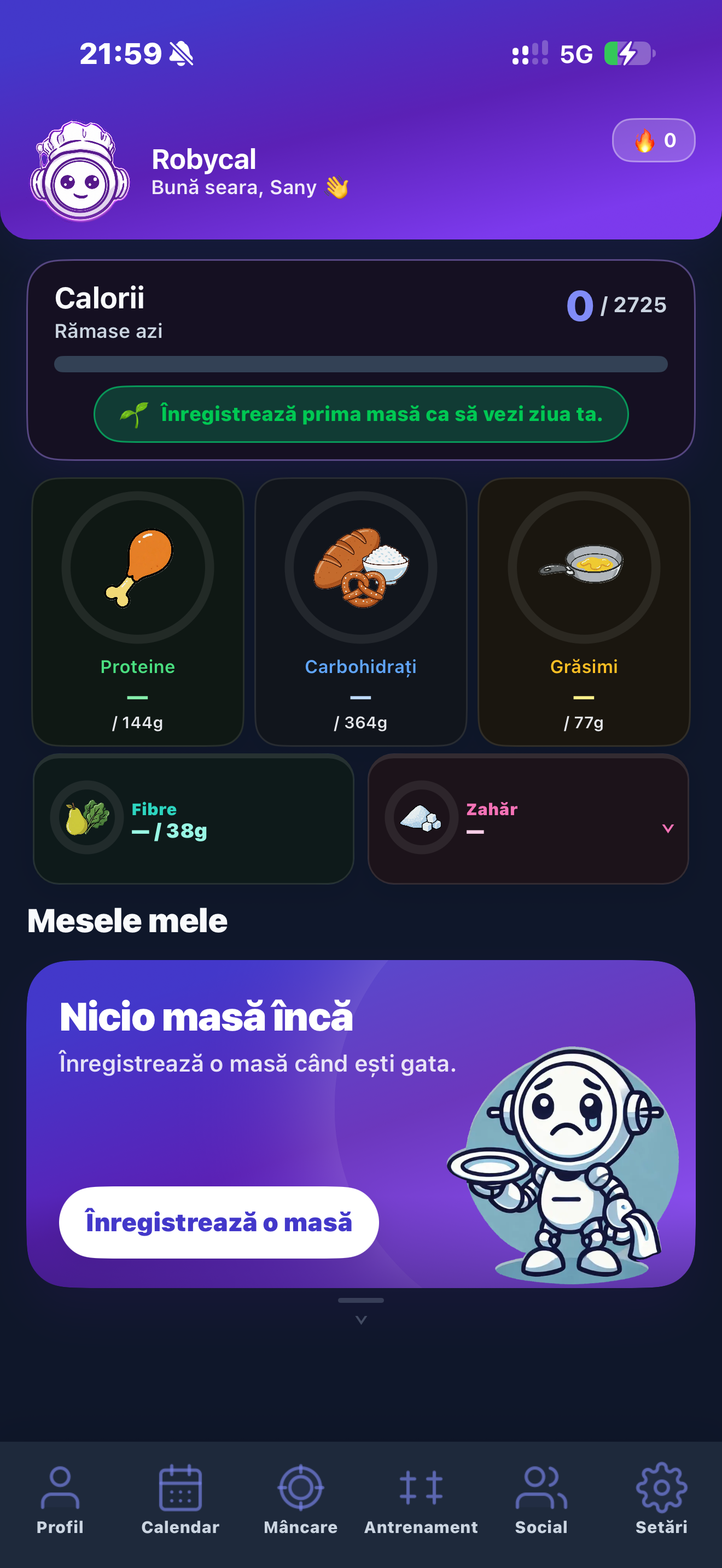 Robycal dark dashboard showing calorie goals, macronutrients, and meal logging