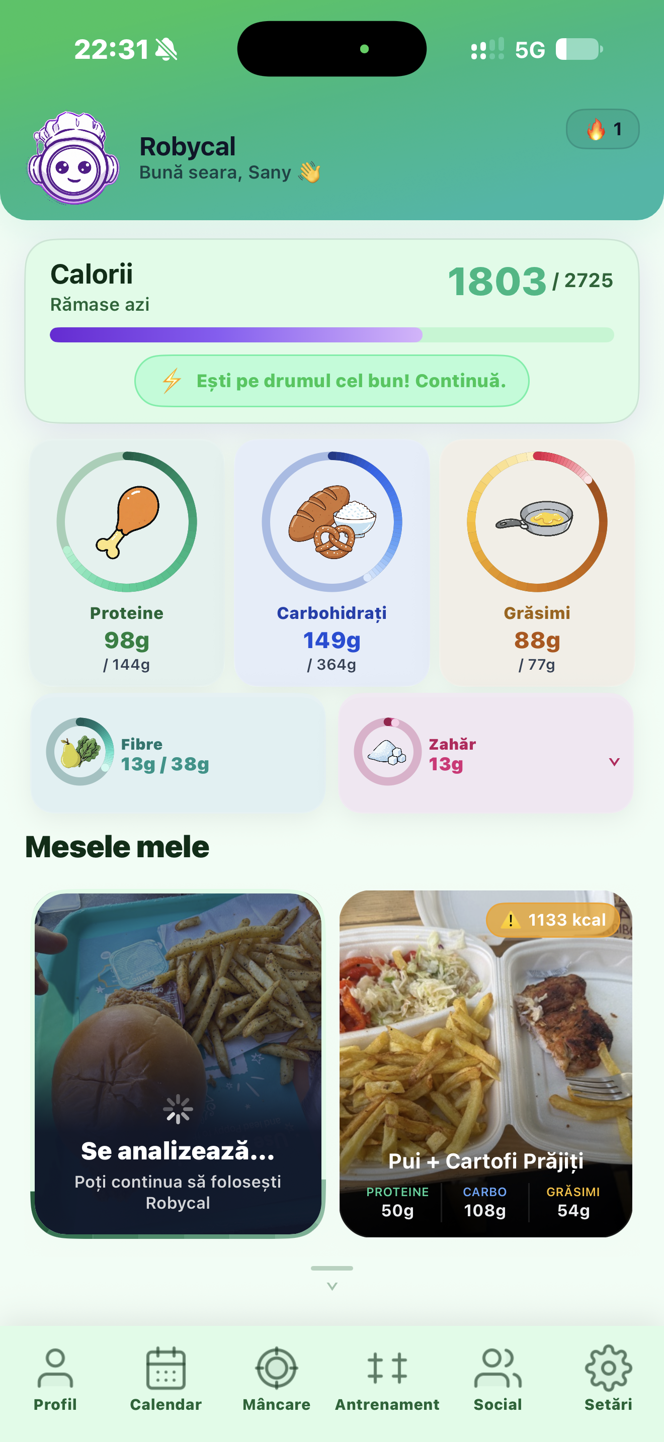 Robycal dashboard showing a meal photo being analyzed in the background