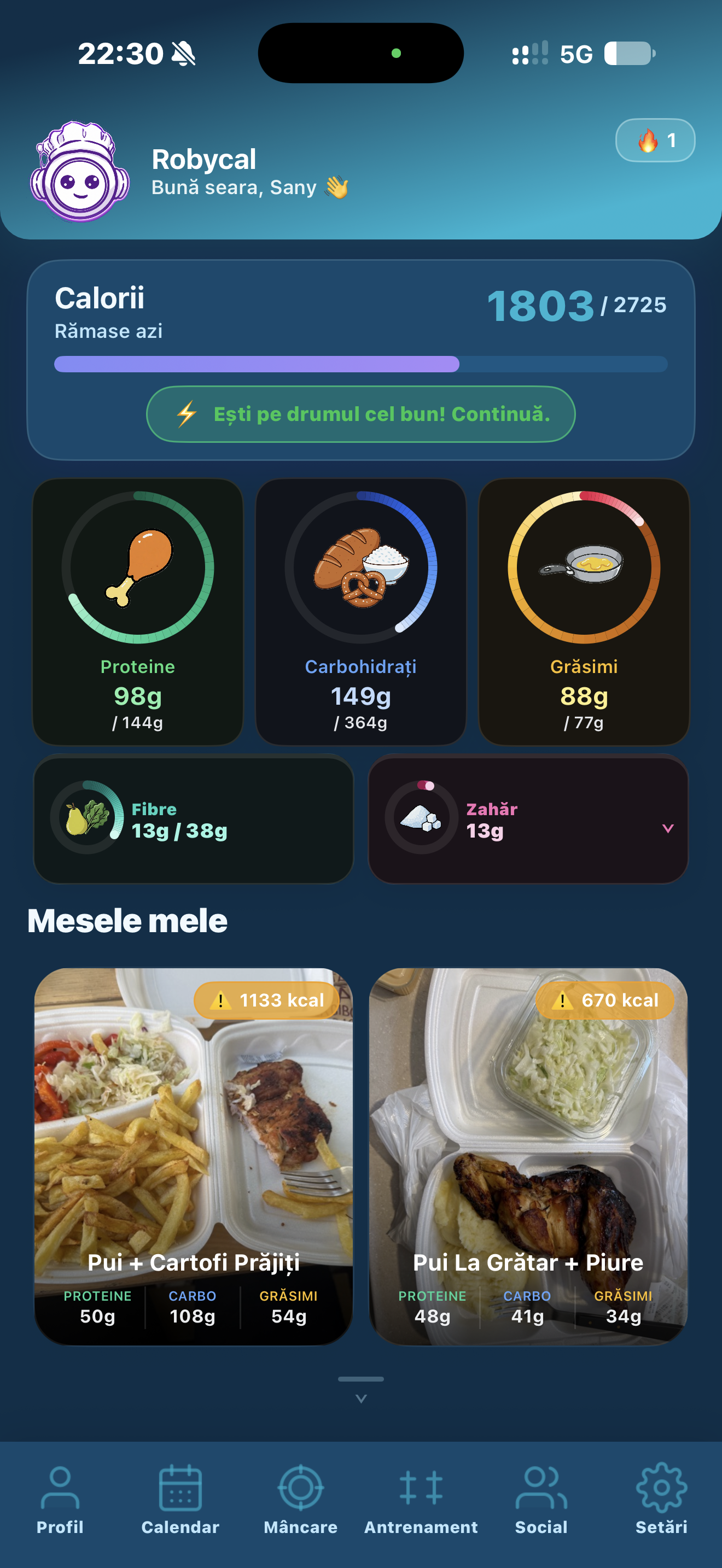 Robycal ocean themed dashboard with calorie and macronutrient totals